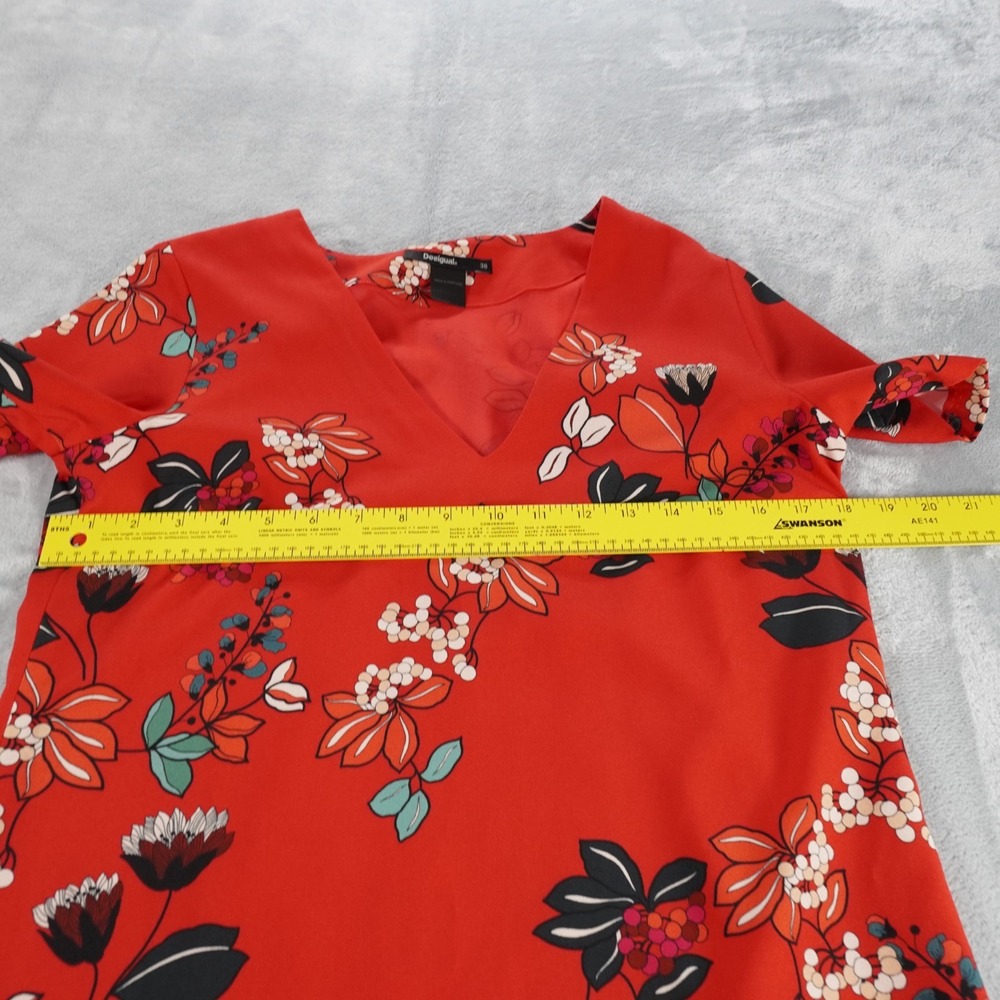 Desigual Floral Shift Dress Womens EU 38 M Red V Neck Short Sleeve Lined Office - Picture 7 of 16